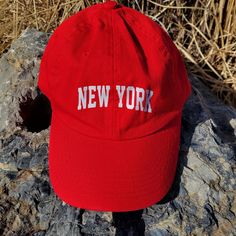 Hand Screen printed in upstate New York. New York Hat, NYC Screen Printed Dad Style Hat, RED New York Hat. New York Hat, Dad Style, Dad Fashion, Upstate New York, New York New York, Hand Screen Printed, Spring 2023, Trucker Cap, Hat Fashion