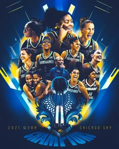 a group of women's basketball players standing in front of a blue and yellow background