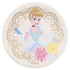 a paper plate with an image of a princess holding a flower and a blue bird