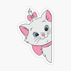 a white cat with blue eyes and a pink bow sticker on it's head