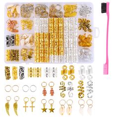 PRICES MAY VARY. Package includes 254 pieces of Mix Styles Braid Hair Jewelry with a clear Storage Box, 90x Gold and Silver Hair Rings,108x Gold and Silver Dreadlocks Cuffs, 10x Gold and Silver Hair Coil, 10x Gold and Silver Spiral Viking Hair Beads, 6x Hair Tube Beads, 30x DIY Hair Braid Ring Pendants Decorations (5x palm, 5x Shell, 5x Conch, 5x Wing, 5x Cross, 5x Star) and give an edge brush4 hollow out gold rings, and give an edge brush Made of aluminum, soft and flexible material, can be adj Silver Dreadlocks, Loc Hair Jewelry, Gold And Silver Hair, Hair Braid Rings, Braided Half Updo, Braided Dreadlocks, Beads Rings, Braid Trends, Women Braids