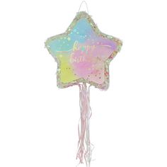 a star shaped foil balloon with the words happy birthday on it, hanging from a string