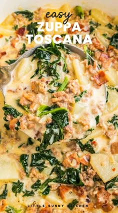 an easy zuppa toscana recipe with spinach and sausage in a white casserole dish