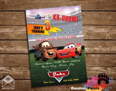 the cars movie birthday party poster is displayed on a wooden table with wood planks