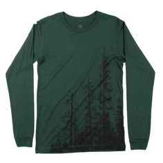 This forest themed shirt showcases an original illustration of a pine tree forest that spans across 3/4 of the entire front side of this men's shirt and wraps slightly around to the back side, stopping just before the side-seam! This is a great winter mens t shirt for your winter outdoor activities like skiing, snowboarding, snowshoeing and more. And it's also a great shirt even in the summer for cloudy high altitude hikes and chilly nights by your campfire when camping or backpacking. Enjoy it Outdoor Cotton Printed Tops, Printed Cotton Tops For Outdoor, Long Sleeve Graphic Tee For Outdoor, Green Screen Print Shirt For Fall, Pre-shrunk Long Sleeve Tops For Outdoor, Winter Green Graphic Print T-shirt, Green Graphic Print Outdoor Shirt, Green Graphic Print Shirt For Outdoor, Green Graphic Print T-shirt For Winter