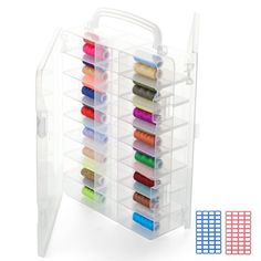 a plastic storage box with many different colored threads in it