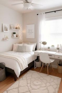 a bedroom with a bed, desk and chair in the corner next to a window