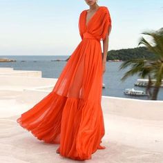 Fashion V Collar High Waist Chiffon Vacation Maxi Dress – Icefollow Sukienki Maksi, Couture Dior, Wedding Guest Dresses Long, Fashion Birthday, Vacation Maxi Dress, Women's A Line Dresses, Dress 2022, Backless Long Dress, Birthday Vacation