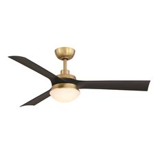 a ceiling fan with a light on top of it and a black bladed blade