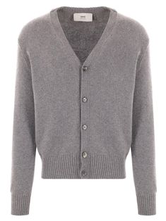 Grey cashmere-wool blend cardigan, knitted construction, signature Ami de Coeur monogram motif, V-neck, front button fastening, long sleeves, ribbed cuffs and hemComposition: Cashmere, 97% , Wool, 3% Designer Wool V-neck Outerwear, Cashmere V-neck Outerwear With Buttons, Fall Cashmere V-neck Sweater With Button Closure, Classic V-neck Cardigan With Button Cuffs, V-neck Wool Outerwear With Button Cuffs, Luxury Wool V-neck Cardigan, Designer Buttoned Sweater For Winter, Classic Fine Knit Cashmere Outerwear, Designer V-neck Cardigan With Button Closure