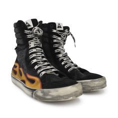 Palm Angels high-top sneakers in black suede with black distressed canvas. Features orange and red leather flame on the sides, white laces with black logo monogram, and zipper closure in silver hardware on the inner sides. The white rubber sole features purposeful distressing and wear. Brand = Palm Angels Condition = 8/10, Very good Size = Women's 39 EU Material = Canvas/Suede/Rubber Hardware = Silver SKU = 11329-18 Urban High-top Custom Sneakers With Laces, Edgy High-top Sneakers With Vulcanized Sole For Streetwear, Edgy High-top Sneakers With Rubber Sole For Streetwear, Edgy High-top Sneakers For Streetwear With Rubber Sole, Edgy High-top Sneakers For Streetwear, Edgy Leather High-top Sneakers, Urban High-top Custom Sneakers With Studded Outsoles, Streetwear High-top Sneakers With Vibram Sole, Edgy Black High-top Sneakers For Streetwear