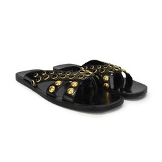 Prada flip-flop sandals in black leather with strappy details, gold studs, and black rhinestone detailing. Brand = Prada Condition = 8/10, Very good, minor scuffing to rhinestones Size = Men's 5 US/Women's 7 US Material = Leather SKU = 23213-17 Prada Flip Flops, Prada Sandals, Scarf Jewelry, Black Rhinestone, Sneaker Collection, Gold Studs, Resort Wear, Flip Flop, Flip Flop Sandals