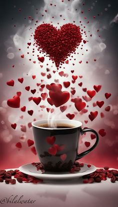 a cup of coffee with hearts floating out of it