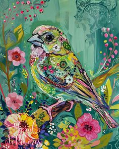 a painting of a bird on a branch with flowers