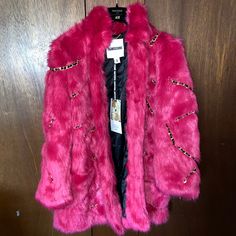 Brand New Luxury Spring Outerwear With Faux Fur Lining, Luxury Party Outerwear With Faux Fur Trim, Designer Winter Party Outerwear, Designer Pink Winter Blazer, Luxury Pink Outerwear For Fall, Luxury Pink Outerwear For Winter, Luxury Pink Winter Blazer, Luxury Pink Winter Outerwear, Multicolor Faux Fur Coat For Winter