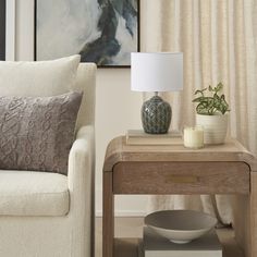 a living room scene with focus on the end table and lamp next to the couch