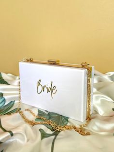 Bride Purse, Acrylic Clutch, Party Purse, Bachelorette Party, Love This, Gold Bracelet, Place Card Holders, Purse, Holidays