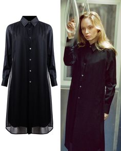 "Comme Des Garçons Button-up Black Shirt Dress Brand: Comme Des Garçons Designer: Rei Kawakubo Collection/Year: 2000s Fabric: Cotton / Chiffon Color: Black Size:  XS Japanese designer Rei Kawakubo established Comme Des Garçons in 1969. Kawakubo changed fashion with her avant-garde silouettes, references and technique. Juxtaposing order and chaos. Always leaning towards abstraction and innovation. Always looking forward. And often in black. \"If I could do an all black collection, then I would.\" - she told the Sunday Times in 1986. This utilitarian black shirt dress is made from cotton with a chiffon over-lay. It features a button-up front, pointed collar, and a relaxed silhouette. So comfortable and easy to style, wear it with tights in the winter, or boots in the summer. It is a versatil Black Dress Long Sleeve, Black Dress Long, Rei Kawakubo, Collared Shirt Dress, Chiffon Long Sleeve, Black Long Sleeve Dress, Long Black Dress, Black Shirt Dress, Dress Long Sleeve