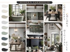 a collage of photos showing different types of furniture and decor in an open floor plan