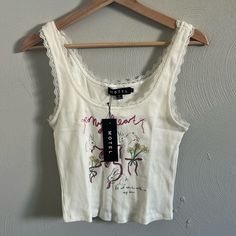 Nwt, Hits Right At The Hip. Super Cute Bunny Top, Originally Bought From Princess Polly. Trendy White Tank Top With Lace Trim, Rock Tops, Motel Rocks, Fashion Baby, Cute Bunny, Princess Polly, Baby Fashion, Pink White, Dress Outfits