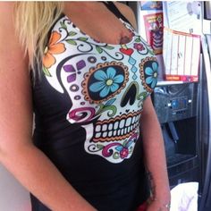 Day Of The Dead Sugar Skull Printed Tank Top One Size 15" Pit To Pit 24" Long New But No Tags Multicolor Skull Print Top For Summer, Multicolor Skull Print Tops For Summer, Multicolor Skull Print Summer Tops, Black Skull Print Tops For The Beach, Black Skull Print Tops For Beach, Black Skull Print Beach Tops, Babydoll Tank Top, Babydoll Tank, Red Tank