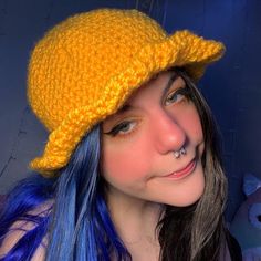 A super cute bucket hat that can fit anyone!  It took me about 7 hours to finish the product.  Made out of 100% acrylic yarn, when washed make sure your machine is warm and gentle, and dry on low.  Also, this hat is not made to be ironed. Cute Bucket Hat, Yellow Crochet, Crochet Bucket, Crochet Bucket Hat, 7 Hours, Bucket Hats, Shop Products, Worth It, Handmade Crochet