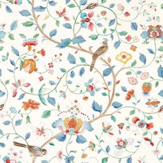 a white wallpaper with colorful flowers and birds on the branches, all painted in different colors