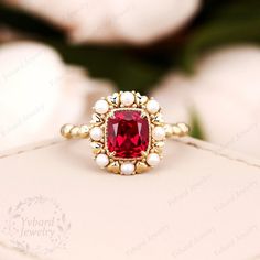 Vintage Ruby Engagement Ring Solid Yellow Gold Bridal Ring - Etsy Ruby And Pearl Engagement Ring, Ruby Engagement Ring Vintage, Ring Styles, Ruby Engagement Ring, Ring Art Deco, Natural Pearl, Bridal Ring, Ruby Ring, Halo Ring