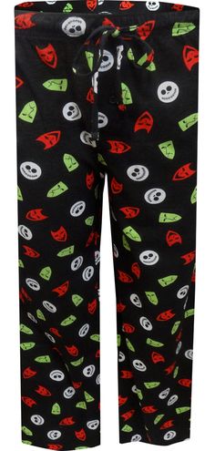 These lounge pants are colorful, creepy fun for both Halloween and Christmas! These cotton lounge pants for men feature Jack Skellington iconography from Disney's The Nightmare Before Christmas film. These soft cotton pajama pants are machine washable with a button fly and covered elastic waistband with drawstring tie and two pockets. They are perfect for the Skellington fan in your house! Multicolor Cotton Sleep Pants, Cotton Bottoms With Character Print For Pajama Party, Christmas Cotton Sleep Pants, Cotton Lounge Pants With Character Print, Goth Pjs, Influencer Closet, Goth Sleepwear, Colorful Lounge, Scene Clothes