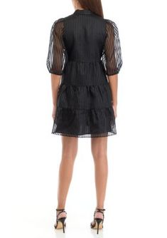 Pretty puff sleeves add chic drama to this dress from Crown & Ivy. | Crown & Ivy Women's Shadow Stripe Dress, Black, Large Ivy Crown, Stripe Dress, Black Xs, Striped Dress, Puff Sleeves, Dress Black, Ivy, Puff Sleeve, Casual Dresses