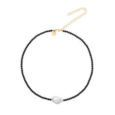 Black Onyx Beaded Necklace with Freshwater Pearl & 14k Gold Filled Clasp