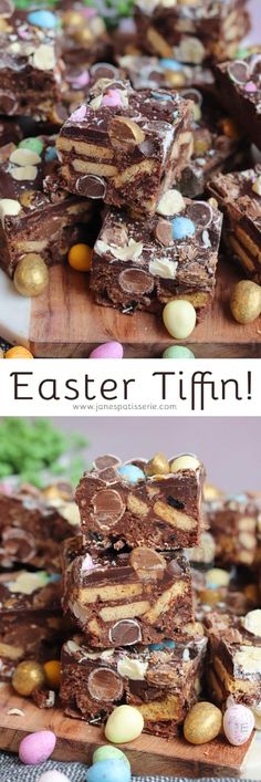 chocolate easter tiffins stacked on top of each other