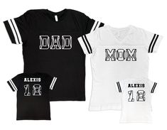 "DESCRIPTION: ❥ WOMEN'S Fit T-shirt: White V-NECK t-shirt that comes with \"MOM - or other title\" printed in black on the front of the shirt and \"Name + Number\" printed on the back of the shirt. The shirts are soft and cozy. The size chart is listed in the listing images. ❥ UNISEX Fit T-shirt: Black CREW NECK t-shirt that comes with \"DAD - or other title\" printed in white on the front of the shirt and \"Name + Number\" printed on the back of the shirt. The shirts are soft and cozy. The size Baseball Dad Shirts, Baseball Team Shirt, Baseball Family, Double Team, Dad Shirts, Personalized Baseballs, Sports Tee, Cozy Tops, Team Shirt