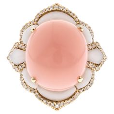 Decorate yourself in elegance with this Ring is crafted from 14K Yellow Gold by Gin & Grace. This Ring is made up of Oval-Cab (1 pcs) 8.06 carat Pink Opal and Round-cut White Diamond (84 pcs) 0.23 and White Agate(8 pcs) 1.54 carat. This Ring weighs 4.22 grams. This delicate Ring is polished to a high finish shine. Gem Cuts, Pink Opal Ring, Beach Jewellery, Gold Book, Peridot Pendant, Jared The Galleria Of Jewelry, Modern Ring, Ring Art Deco, Agate Ring