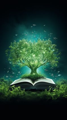 an open book with a tree growing out of it