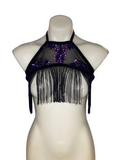 PURPLE SEQUIN ⚝ One of a Kind Item & Ready to Ship Today! ⚝ Size S/M Includes an underboob halter top with fringe. Our sheer purple sequin fabric is a 4-way stretch polyester spandex blend, which fits tight and stretches to include a variety of body types. Fabric pattern can vary from item to item. Our products are made to order, please review our store policies before purchasing because refunds are not available after purchase. International shipping available. Mesh Halter Top, Womens Halter Tops, Black And Purple, Halter Tops, Sequin Fabric, Fabric Pattern, Fabric Patterns, Halter Top, Body Types