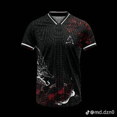 a black shirt with red and white designs on it