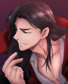 an anime character with long black hair wearing a red jacket and holding his hand near his face