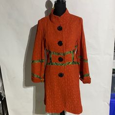 Designer A Line An Ren Textured Coat With Line Green Trimming. No Pockets. Shoulder Width 16” Orange Long Sleeve Outerwear For Spring, Winter Orange Patchwork Outerwear, Orange Patchwork Outerwear For Winter, Orange Patchwork Outerwear For Spring, Long Sleeve Orange Outerwear With Buttons, Orange Long-sleeve Outerwear With Buttons, Orange Long Sleeve Outerwear With Buttons, Fitted Casual Orange Outerwear, Casual Fitted Orange Outerwear