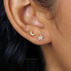 Mismatched Moon and Star Studs, Celestial Earrings, 5 Pointed Star CZ Studs, Mini Studs, Unisex, Gold, Silver SS085 Moon Studs Earrings, Moon Star Earrings, 5 Pointed Star, Second Ear Piercing, Double Ear Piercings, Jewelry Care Tips, Save Trees, Date Dress, Celestial Earrings