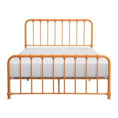 an orange metal bed frame with white sheets and pillows on it, against a white background