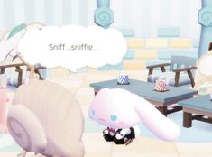 a cartoon character is sitting in a room with furniture and an empty thought bubble above them