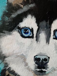 a painting of a husky dog with blue eyes