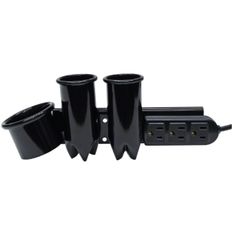 three black plastic cups sitting next to each other on top of a power strip and plugged in