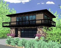 this is an artist's rendering of a modern house in the woods with trees and shrubs surrounding it