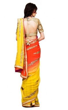 This designer saree is in yellow and orange dual color combination. Fabric of this designer saree is gorgette having hand embroidery work. Blouse of this saree is in golden color full of hand work embroidery. Perfect piece for party or wedding wear collection. Embroidery Work Blouse, Hand Embroidery Work, Curated Outfit, Add Sleeves, Embroidered Saree, Hand Work Embroidery, Embroidery Materials, Types Of Embroidery, Color Full