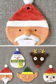 an assortment of christmas ornaments including santa's hat and reindeer faces