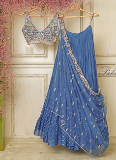 Tara Blue Meadow Embroidered Lehenga Set Chamee n Palak - Fabilicious Fashion Simple Lehenga, Trendy Outfits Indian, Lehenga Designs Simple, Traditional Indian Dress, Indian Dresses Traditional, Traditional Indian Outfits, Embroidered Border, Embellished Blouse, Dress Indian Style