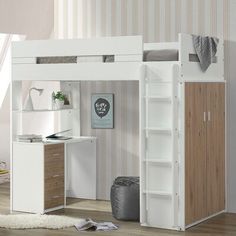 a white loft bed with desk underneath it