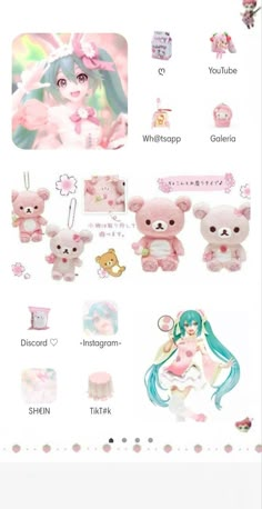 some pink teddy bears and other items on a white sheet with the words hello kitty written in